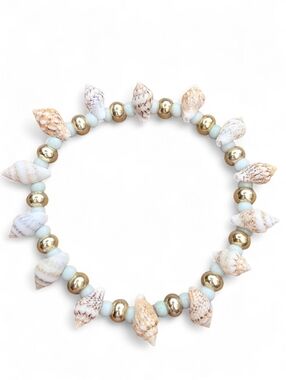Spiral Sea Shell Beach Seed Bead Stretch Bracelet Gold Seafoam Resort Wear
